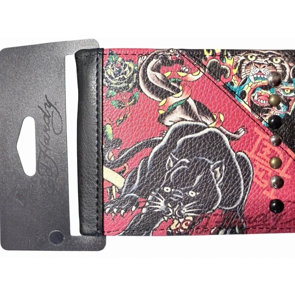 New Ed Hardy Men's Bifold Wallet Red Faux Leather Panther Dragon Heart Tattoo